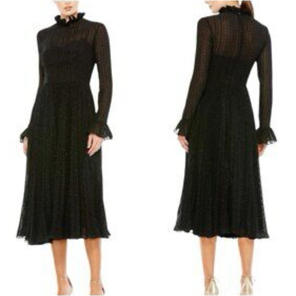 IEENA FOR MAC DUGGAL Black Embroidered Long Sleeve Ruffle Dress Size 8‎